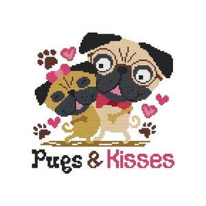 May include: Two cartoon pugs with hearts and paw prints around them. The text "Pugs & Kisses" is below the pugs.