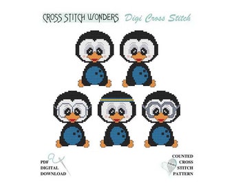 BOWLING, Sports Ball, Penguin, Headband, Glasses, Ball, Counted Cross Stitch, Cross Stitch Wonders, PDF, Pattern, Chart, Digital Download