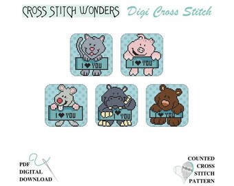 Animals, Love, Hippo, Mouse, Cat, Pig, Bear, 50x50, Rounded Square, ARK, Counted Cross Stitch, PDF, Digital, Pattern, Cross Stitch Wonders