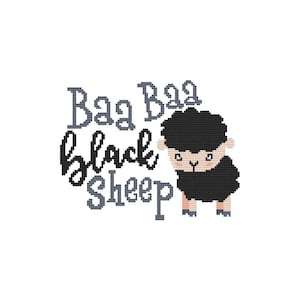 May include: Black sheep with white eyes and a pink nose, standing on a white background with the text "Baa Baa Black Sheep" in gray and black lettering.
