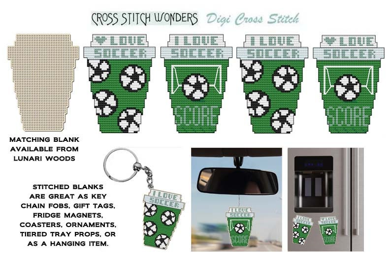 Soccer TO GO Cups, Sports, Cross Stitch, Cross Stitch Wonders, PDF, Digital, Download, Matching Wood Blank Available, Coffee, Key Fob, Score image 2