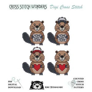 May include: A digital cross-stitch pattern featuring four cartoon beavers. Two beavers hold signs that read "Home Sweet Home." The other two beavers hold a red heart. The image includes the text "Cross Stitch Wonders" and "Digi Cross Stitch."