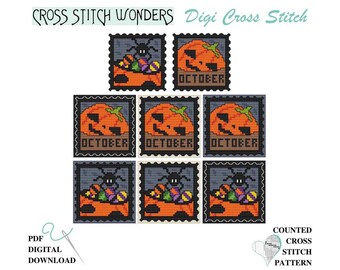 Halloween, Candy, October, Postage Stamp, Stamp It, Series, Blank, Ornament, Counted Cross Stitch, Cross Stitch Wonders, Digital, Download