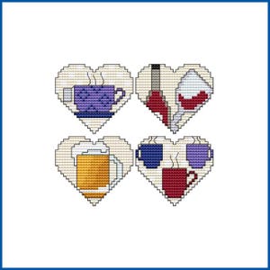 Peut inclure: Quatre motifs en forme de cœur représentant différentes boissons. Le premier cœur montre une tasse violette avec de la vapeur qui s'en échappe. Le deuxième cœur montre une bouteille de vin rouge et un verre. Le troisième cœur montre une chope de bière jaune. Le quatrième cœur montre deux tasses violettes et une tasse rouge avec de la vapeur qui s'en échappe.