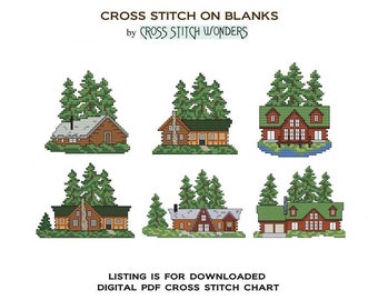 Cabins Combo, Trees, Country Scene, Home, Six Cabins, Cross Stitch, Cross Stitch Wonders, PDF, Digital Download, Fits Blank by Lunari Woods