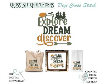 Explore, Dream, Discover, Adventure, Series, Saying, Outdoors, Cross Stitch Wonders, Digital Download, PDF, Chart, Counted Cross Stitch