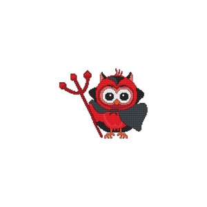 May include: A red owl wearing a devil costume with horns and a black cape, holding a red trident.