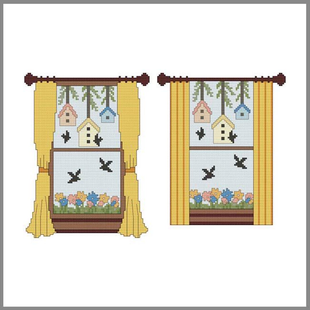 May Window View May Window View in Stitches, Spring, Birds, Flowers, Bird House ...