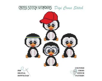 BASEBALL, Sports Ball, Penguin, Baseball Hat, Cap, Counted Cross Stitch, Cross Stitch Wonders, PDF, Pattern, Chart, Digital Download