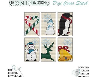 Gift Tags, Ornaments, Candy Cane, Snowman, Penguin, Reindeer, Bell, Counted Cross Stitch, PDF, Cross Stitch Wonders, Digital, Download