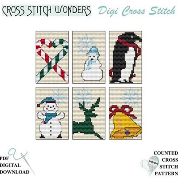 Gift Tags, Ornaments, Candy Cane, Snowman, Penguin, Reindeer, Bell, Counted Cross Stitch, PDF, Cross Stitch Wonders, Digital, Download