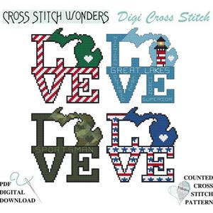 May include: A digital cross-stitch pattern featuring the word "LOVE" in a block letter style, with the state of Michigan incorporated into the design. The pattern includes variations with patriotic and nature-themed elements, and the text "GREAT LAKES".