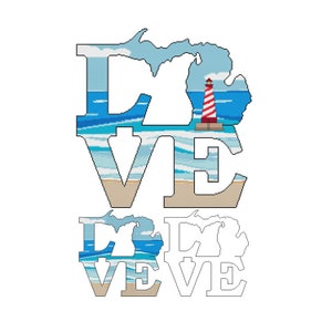 LOVE MICHIGAN ~ State Map Scene ~ Counted Cross Stitch PDF Pattern