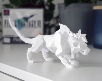 May include: A white 3D printed model of a stylised lion, a popular character from the Final Fantasy video game series. The model is posed in a crouching position, with its head turned to the side and its mouth slightly open.