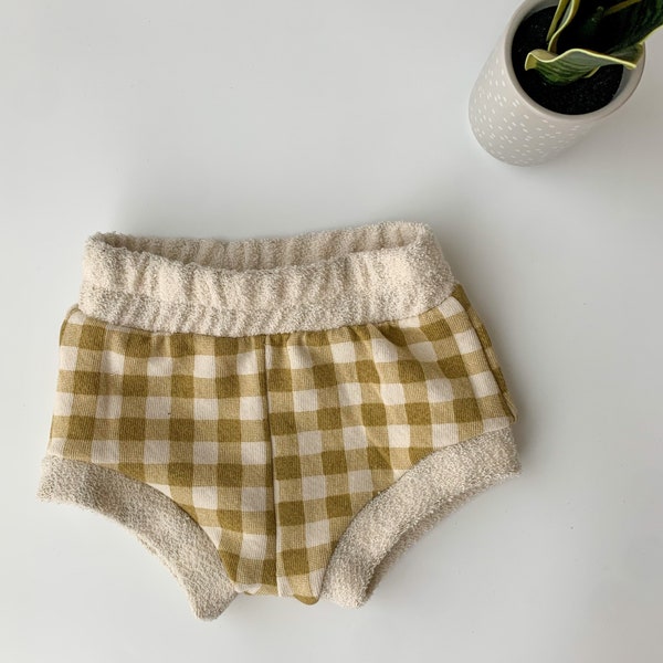 3-6 month organic French terry shorties, tea gingham/cream, baby shower gift, baby shorts, girl shorts, modern kids clothes