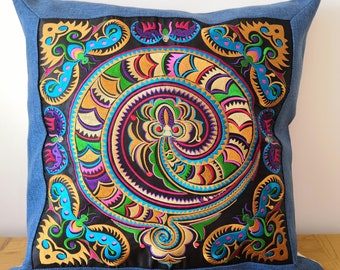 Handgemachte Batik Hmong Stickerei Kissenbezug, Boho Kissenbezug, Vintage stilvoll, Wohnkultur, chinesisches Element