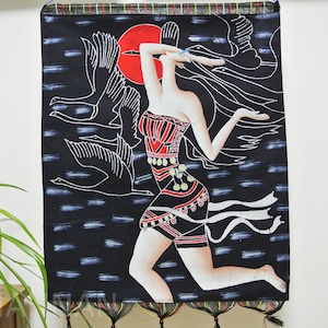 Vintage Batik Painting Tapestry,The Moon Lady,Good Luck for artist,Indigo Wall Hanging