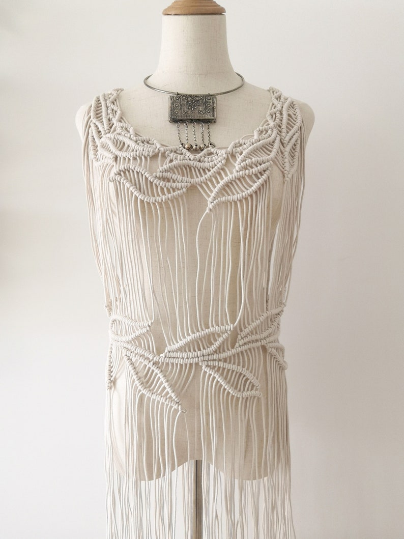 Hippie Beach wedding Boho Chic Macram\u00e9 dress- Long Fringe Sleeveless Burning Man Bridal Festival fashion