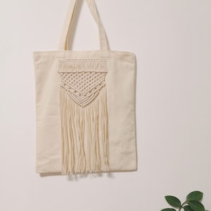 Macrame Tote bag,Canva  Handbag, Handmade macrame bag,Boho macrame bag,cotton rope tassel and canva bag, width 13.5&#39;&#39;x height 15.5&quot;