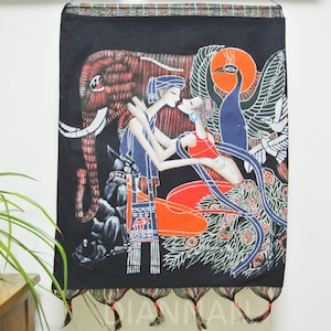 Vintage ,Batik Painting Tapestry,The elephant and lovers,Good Luck for artist,Indigo Wall Hanging
