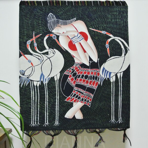 Tenture Murale Batik Artisanale – Bathing Sisters – Grand Format 34x46 Pouces