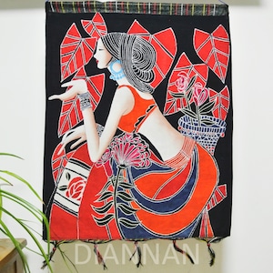 Vintage ,Batik  Painting Tapestry,The red leaf lady,Good Luck for artist,Indigo Wall Hanging