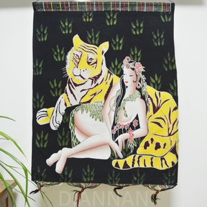 Vintage ,Batik Painting Tapestry,The Tiger Lady,Good Luck ,Indigo Wall Hanging