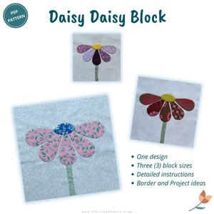 Peut inclure: Un modèle de bloc de courtepointe en patchwork au format PDF téléchargeable numériquement, représentant un motif de fleur de marguerite. Le modèle comprend trois tailles de blocs différentes et des instructions détaillées. L'image montre trois exemples du bloc dans différentes combinaisons de couleurs.