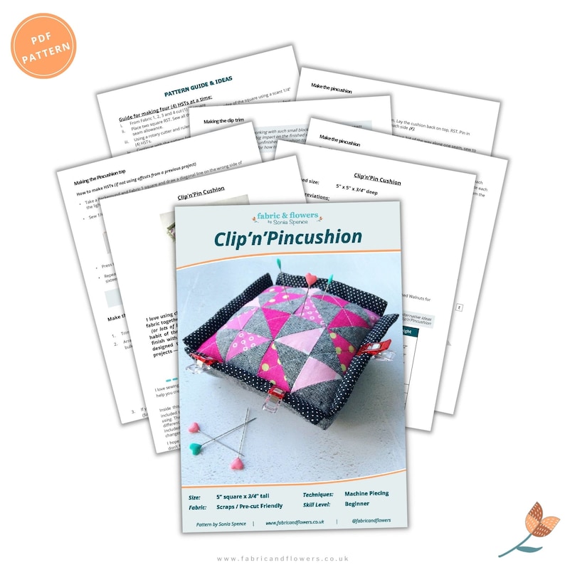 May include: A sewing pattern for a clip-on pincushion. The pattern is called "Clip'n'Pincushion" and is designed by Sonia Spence. The pattern is for a 5-inch square pincushion that is 3/4 inch tall. The pattern is made with scraps of fabric and is beginner-friendly.