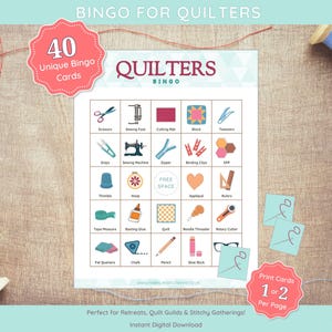 Bingo voor quilters, 40 kaarten, quiltgildespel, quiltretraite, naaibingo, afdrukbare bingo, pdf