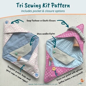 May include: Two triangular sewing kits with different fabric patterns. The blue kit has a white and pink grid pattern, and the pink kit has a white and blue gingham pattern. Both kits have a small pocket for storing needles and pins, and a larger pocket for storing a spool of thread, snips, or a seam ripper. The kits can be closed with a snap fastener or elastic closure. 'Complete' pocket. Holds small spool, snips or seam-ripper! www.fabricandflowers.co.uk