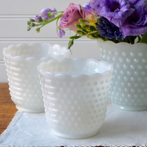 Anchor Hocking Hobnail Milk Glass Planters Pots Set Of 3 Scalloped Edge White Flower Jardinieres Wedding Bud Vase Trio 2 Small & 1 Large