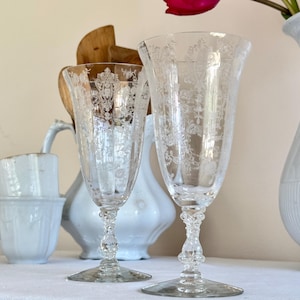 Antique ROSE POINT CLEAR Iced Tea Cocktail Glasses Set Of 2 Etched Elegant Drinkware