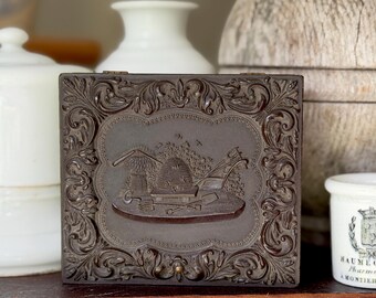 Antique Daguerreotype Union Case Littlefield, Parsons & Co. Beehive Gardening Tools Box Frame April 1857 Moulded Relief Photography