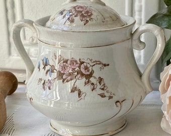 Antique Ironstone Sugar Jar Glasgow Pottery Pink Trumpet Flower Vine 19th Century John Moses & Co. Trenton NJ