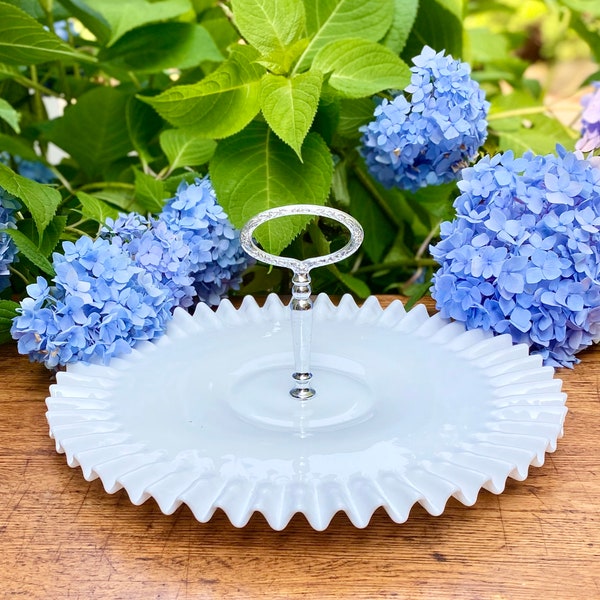 Fenton Hobnail Milk Glass Large Center Handle Serving Tray Ruffled Crimped Cake Stand