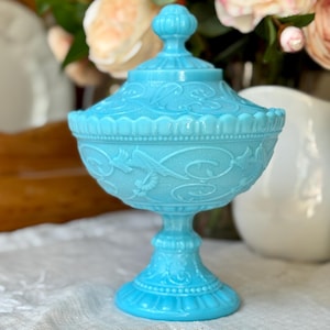 Antique French Portieux Vallerysthal Blue Opaline Milk Glass Dragon Footed Covered Compote Bowl Turquoise Candy Jar