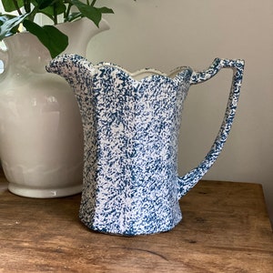 Vintage Large Blue & White Spongeware Stoneware Pottery Pitcher Jug Farmhouse Kitchen Made For Big Hands