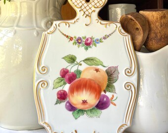 Antique Bavaria Hand Painted Porcelain Toast Board Cheese Serving Trivet Plate Fruits & Florals Gold Trim