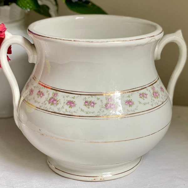 Antiguo Ironstone Slop Pail Pot Mercer Pottery Trenton Nueva Jersey Rosas Rosas Hojas Verdes Chamber Pot Bandas Doradas Recortar