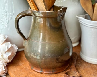 Antique Primitive Utensil Crock Brown Albany Slip Salt Glaze Stoneware Pitcher Jug Farmhouse Pottery