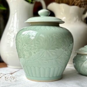 Mid Century Celadon Ginger Jar Vase Chinoiserie Lotus Blossom & Leaves