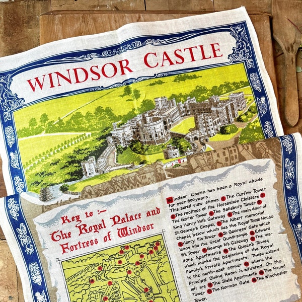 Vintage Windsor Castle Large Souvenir Linen Dish Tea Towel Ulster The Royal Palace & Fortress British Royal Family England New Old Stock