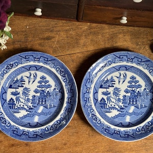 Antique 19th Century Blue Willow Transferware Salad Plates Made In Hanley England Charles Leigh & Sons Set Of 2