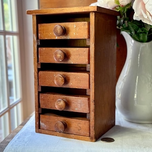 Antique Industrial Wood Storage Cabinet 5 Tray Drawers Old Rhode Island Jewelry Factory Cupboard
