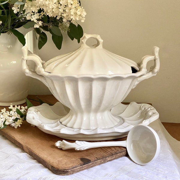 Vintage White Ironstone VICTORAIN Red Cliff Tureen With Lid, Underplate & Ladle Made In USA