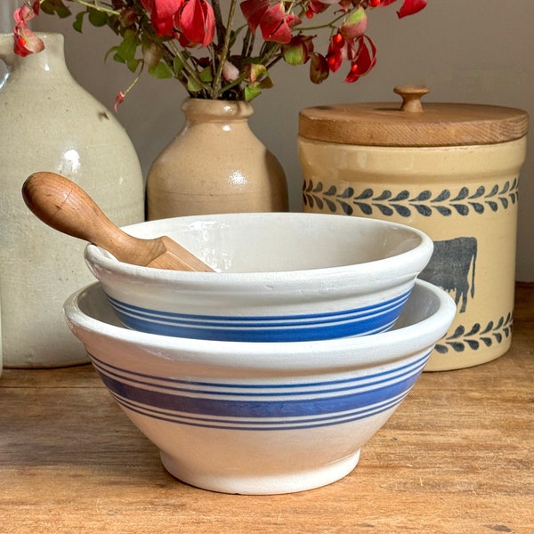 Vintage Blue Bands Stoneware Pottery Mixing Dough Bowl Stacking Nesting Set OF 2 Farmhouse Kitchen Nautical French Stripes