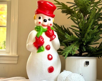 Vintage Happy Snowman Blow Mold 23" Hard Plastic Red Top Hat Green Scarf Christmas Winter Holiday Decor Light Up