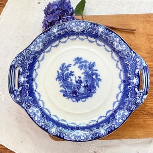 Romantic Watteau Doulton Flow Blue Large Handled Platter Blue And White China Transferware Burslam England 19th Century Serving Plate
