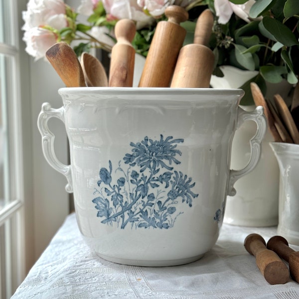 Antique Blue Transferware Slop Pail Pot Chrysanthemum Flower Ironstone Storage Crock